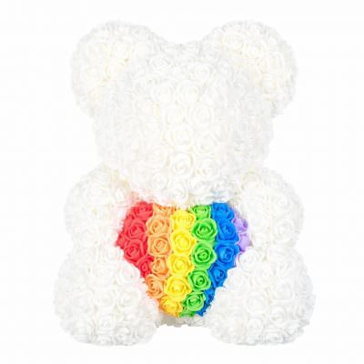 Мишка из роз белый с радужным сердцем (40 см)